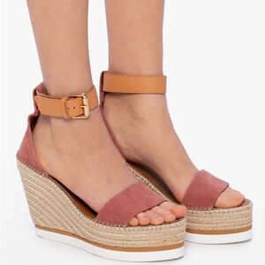 See by Chloé Glyn Calf Leather Espadrille Platform Wedge Sandals, New, Size 42